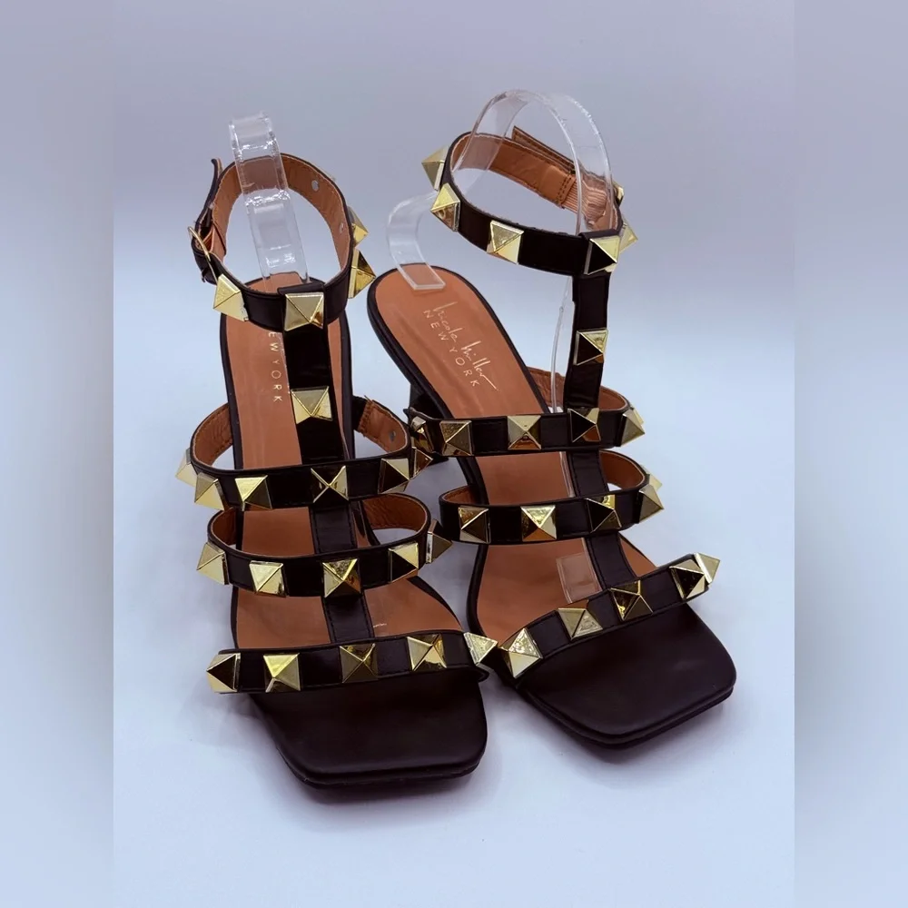 Nicole Miller NY Gold Studded Black Heeled Sandals – Ankle Strap Fashion Heels - Picture 8 of 16